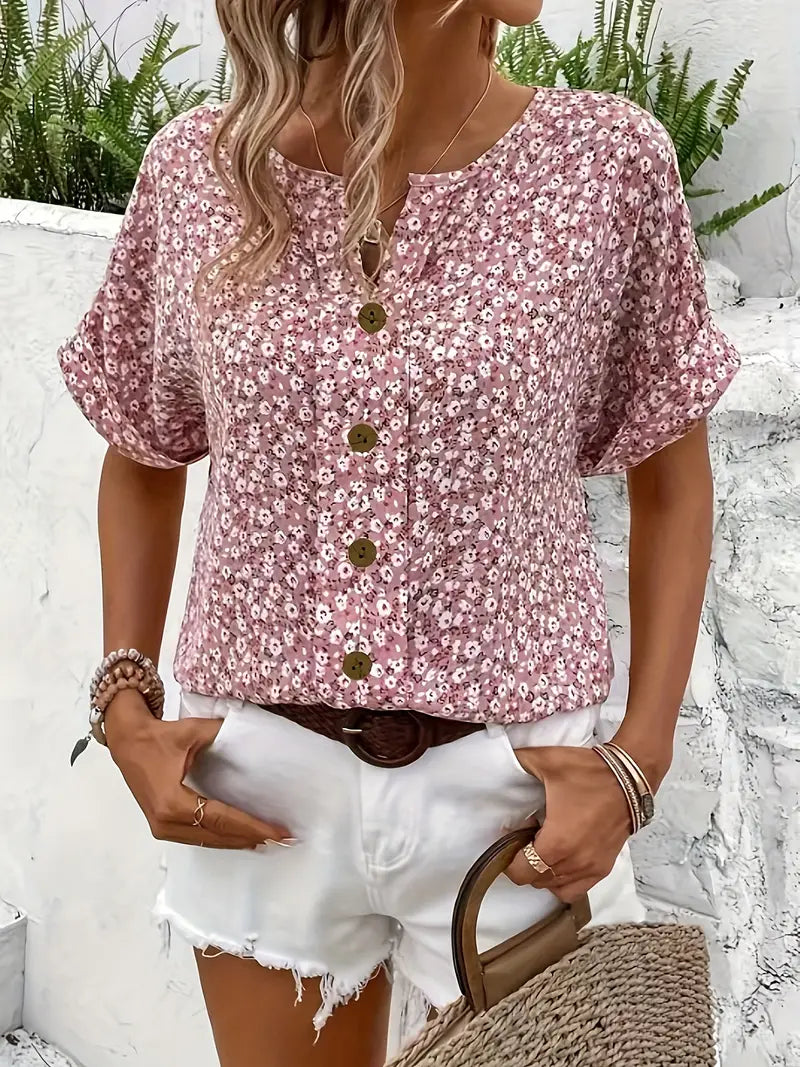 Dione | Notched Floral Print Blouse