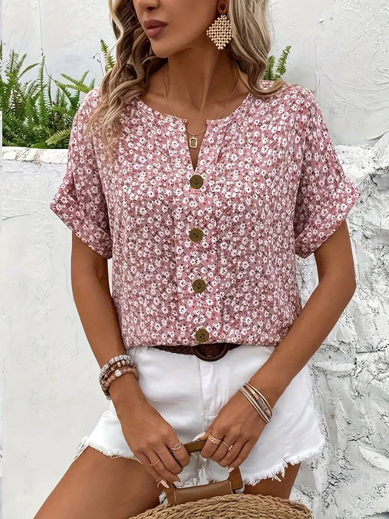 Dione | Notched Floral Print Blouse
