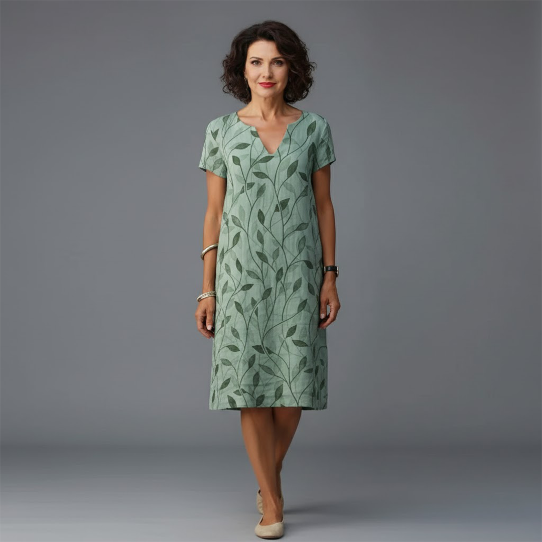 Wavara | Women’s Floral Leaf Print V-Neck Dress