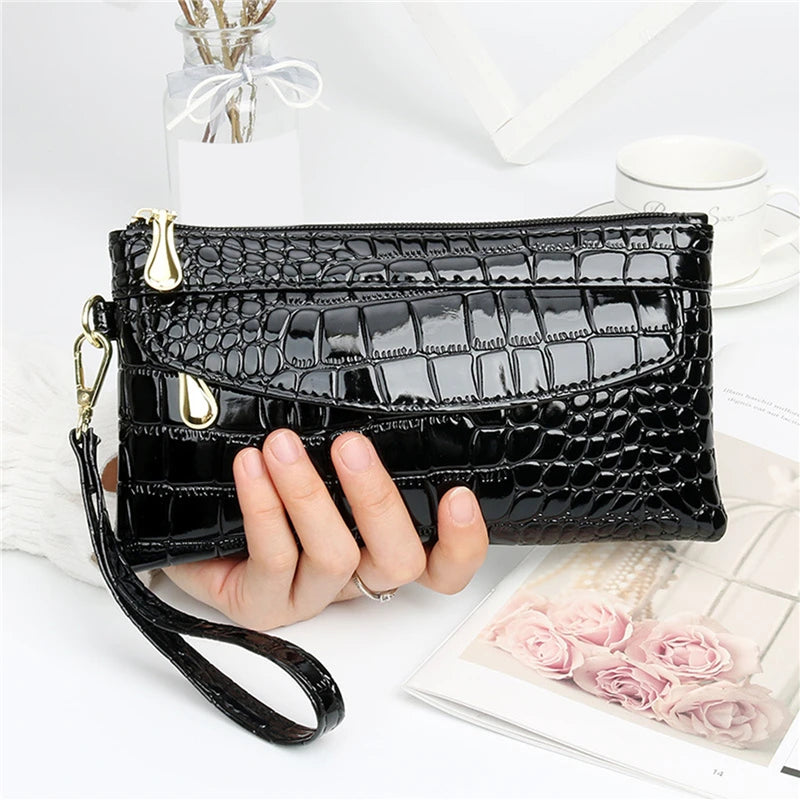 Mavis Crocodile Double Zipper Clutch