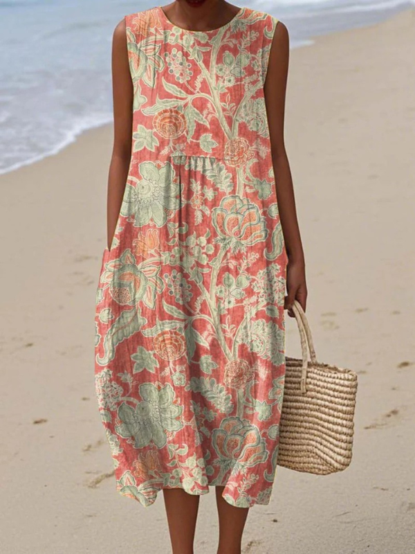 Women's Vintage Floral Pattern Art Print Sleeveless  Pocket Wrap Dress
